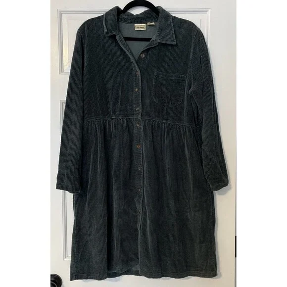 Vintage LL Bean Corduroy Dress 14 Green Midi Cottage Core Prairie Modest Button - Picture 1 of 6